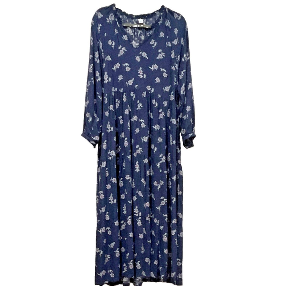 Old Navy Womens Navy Blue Floral Swiss Dot Tiered Long Sleeve Midi Dress Size M